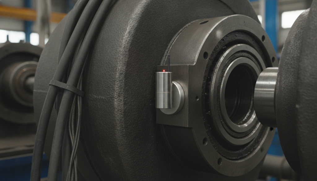 a photo here showing how a wireless ultrasonic acoustic sensor is magnetically mounted on the bottom main bearing seat of the airflow grading mill