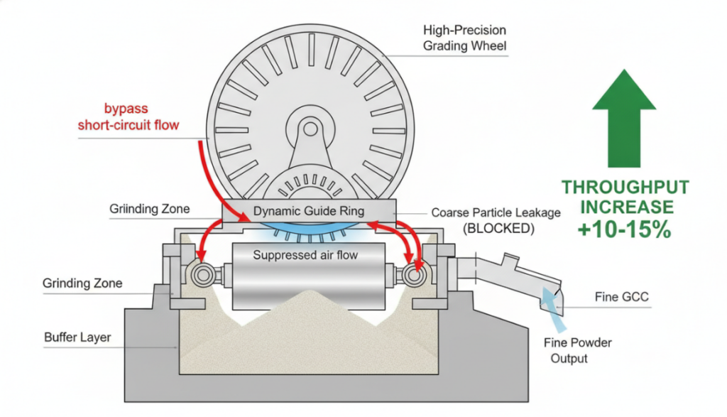 Schematic diagram showing how installing a dynamic guide ring completely cuts off bypass short-circuit flow and coarse particle leakage, preventing buffer layer formation in the grinding zone and increasing total throughput by 10-15%.