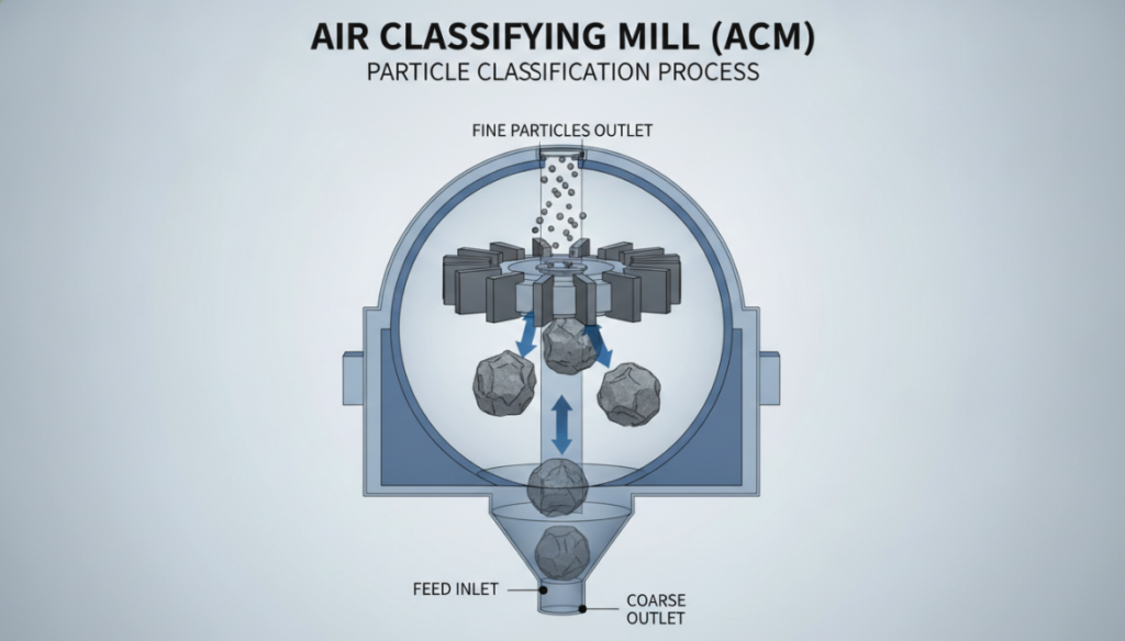 The Air Classifier Mill (ACM) demonstrates the entire process of large particles bouncing back downwards after striking the blades of the classification wheel.