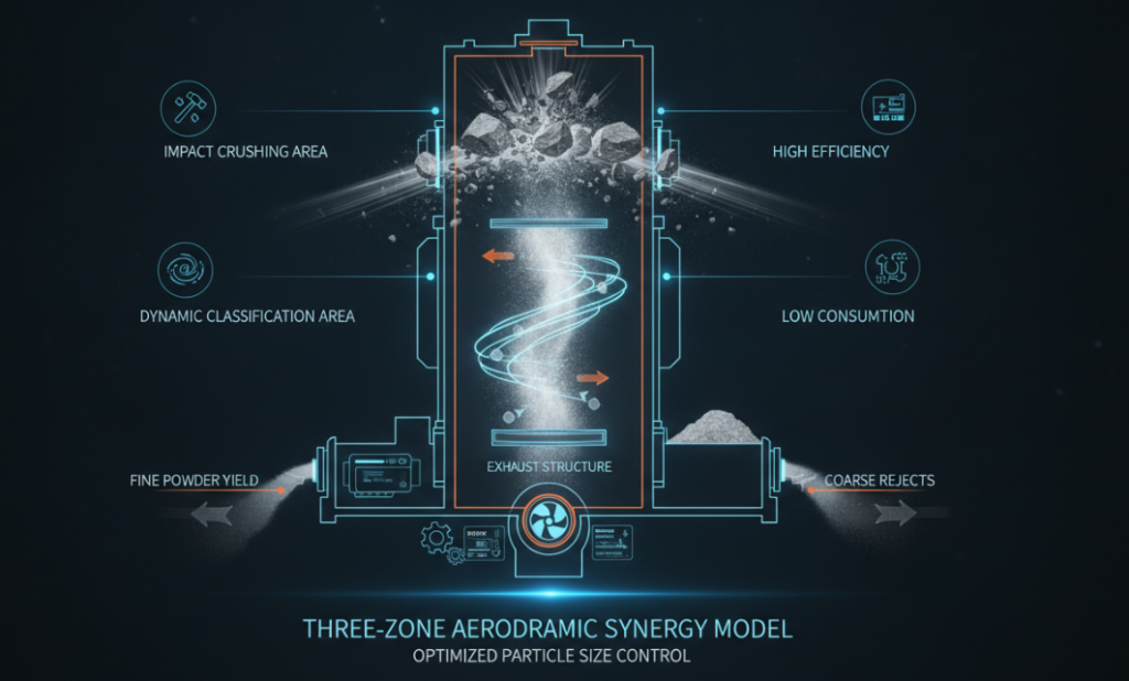 Schematic diagram of the Three-Zone Aerodynamic Synergy Model in a grading mill.