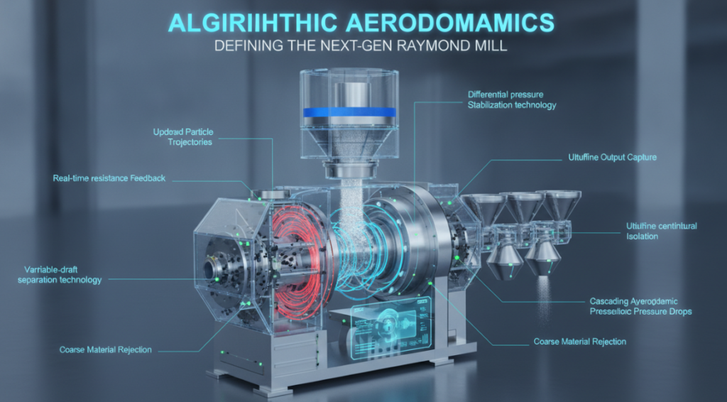 A high-tech 3D cross-section of a next-generation Raymond mill illustrating internal algorithmic aerodynamics and airflow control.