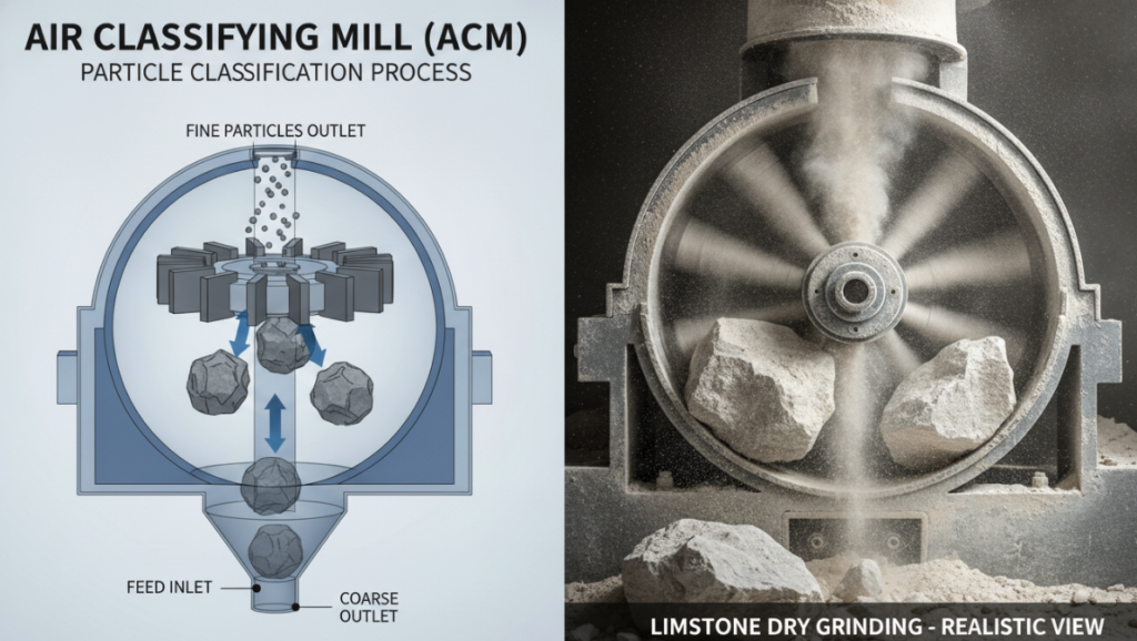 A comparative demonstration of the internal conditions during the dry grinding of limestone.