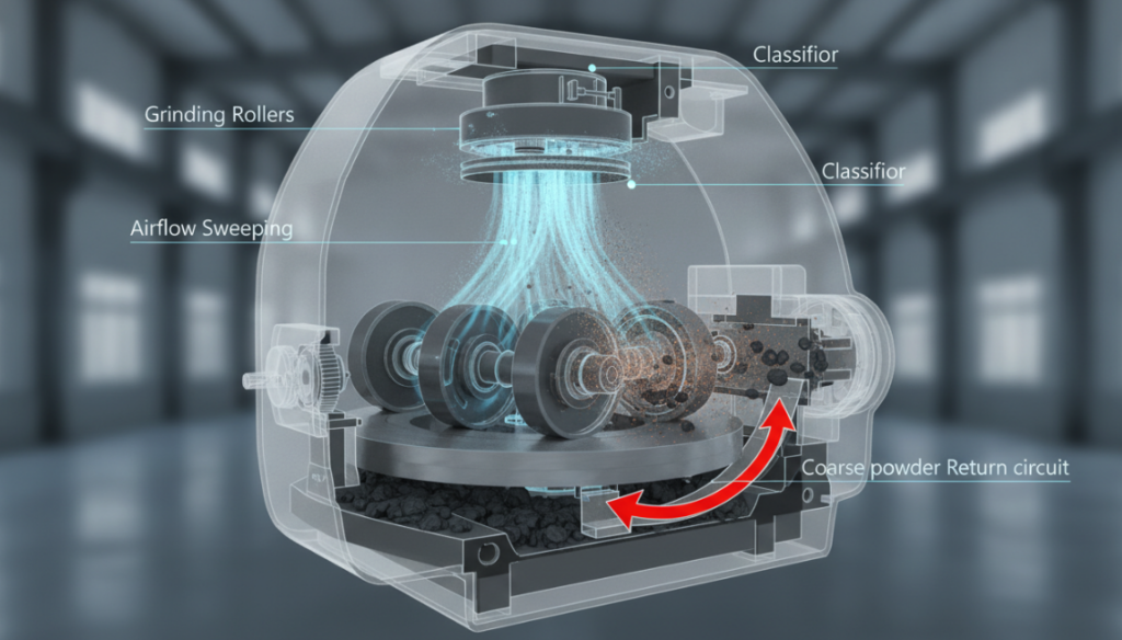 a 3D animation video here to demonstrate the air flow and grinding roller extrusion action inside the Raymond coal mill, focusing on the coarse powder return circuit