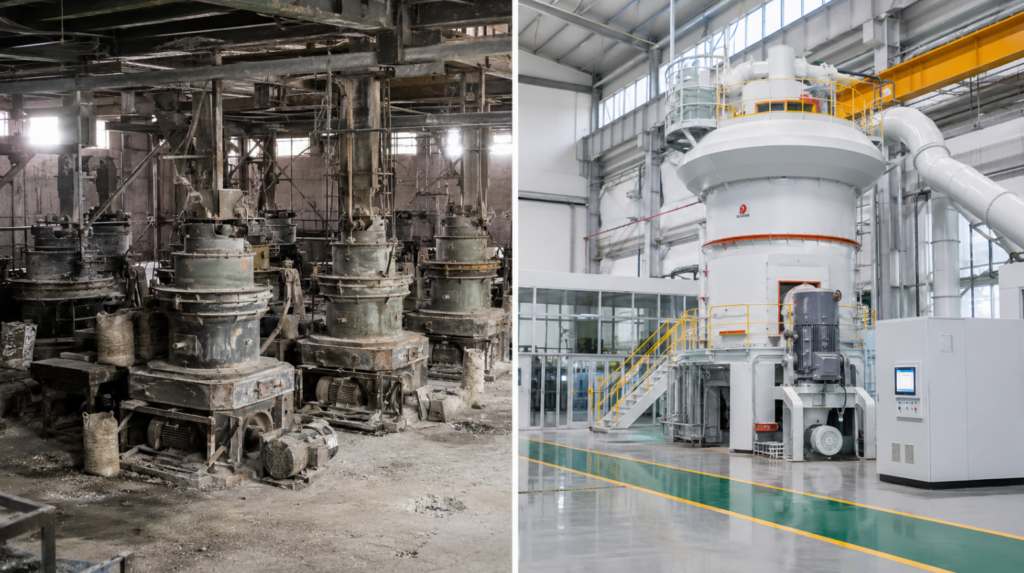 Insert a left-right comparison picture. On the left are six old Raymond mills with messy and dusty workshops; on the right is a single vertical mill with a clean, fully automated modern building