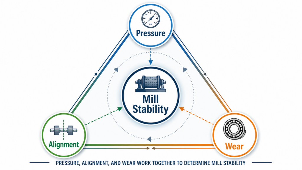 Display A Triangle With Its Three Vertices Labeled "Pressure," "Alignment," And "Wear," And The Center Labeled "Mill Stability."