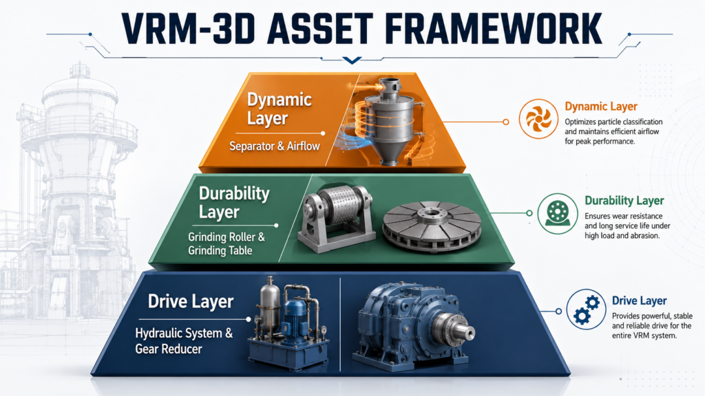 A Pyramid Chart Designated As The "Vrm-3d Asset Framework." Bottom Layer: Drive Layer (Hydraulics And Gear Reducer); Middle Layer: Durability Layer (Grinding Rollers And Grinding Table); Top Layer: Dynamic Layer (Separator And Airflow).
