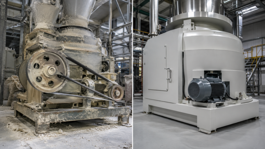 Insert a side-by-side photographic comparison showing a contaminated traditional belt-drive system vs. a clean, enclosed direct-drive motor system