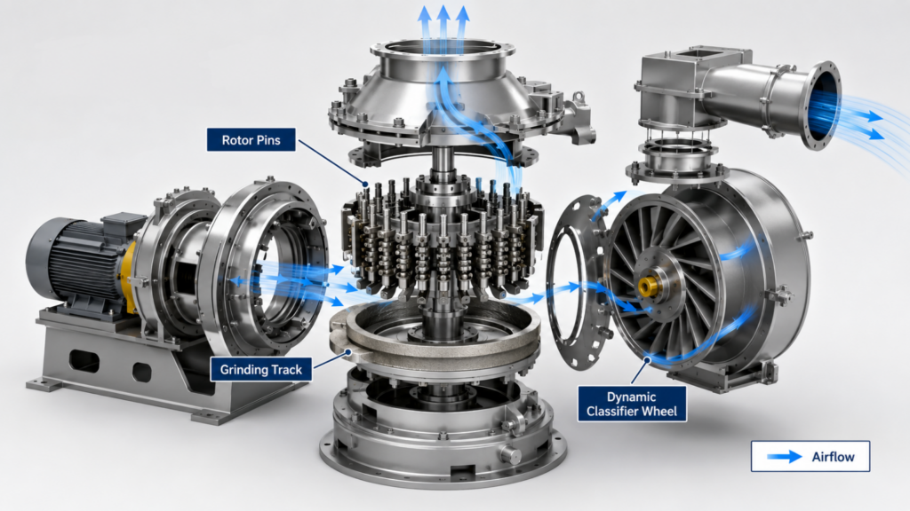 Insert a high-resolution, exploded-view 3D render of the air classifying mill, explicitly highlighting the rotor pins, grinding track, and the dynamic classifier wheel with airflow arrows.