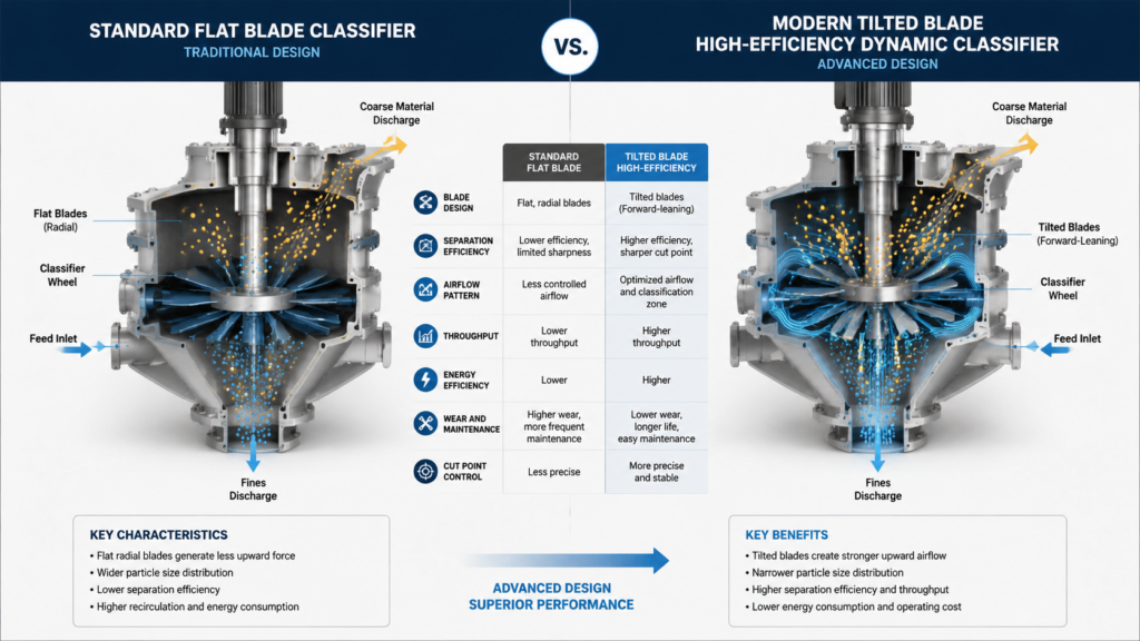 A Cutaway View Comparing A Standard Flat-Blade Classifier Side-By-Side With A Modern High-Efficiency Dynamic Classifier Featuring Inclined Blades.