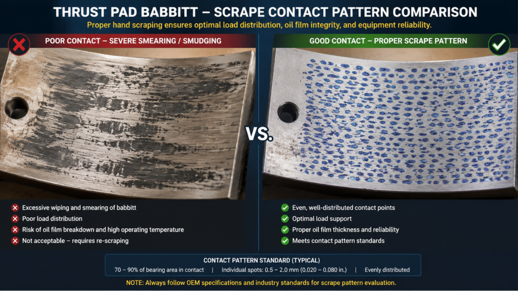 High-Definition Comparison Images Of Contact Points On A Thrust Pad's Babbitt Lining. The Left Side Shows Severe Scuffing Or Smearing Marks, While The Right Side Displays Blue Markings Indicating Full Compliance With Contact Point Standards Following Manual Scraping.