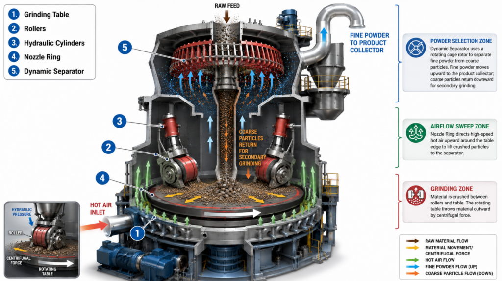 Please insert a high-resolution, 3D cross-section vertical roller mill diagram here. Label the numbers 1 to 5 corresponding to: 1. Grinding Table, 2. Rollers, 3. Hydraulic Cylinders, 4. Nozzle Ring, 5. Dynamic Separator.