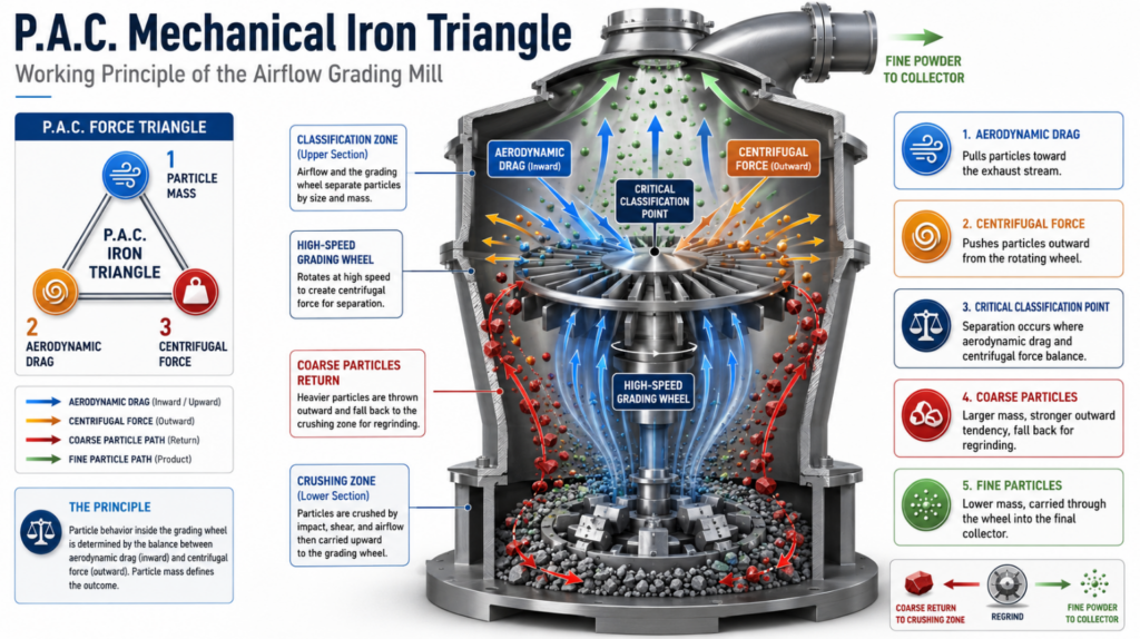 Insert a high-quality 3D infographic here showing the P.A.C. Force Triangle. Highlight the drag force vector pointing inward through the wheel, and the centrifugal force vector pointing outward, with red arrows for coarse particles returning down and green arrows for fine particles moving up.