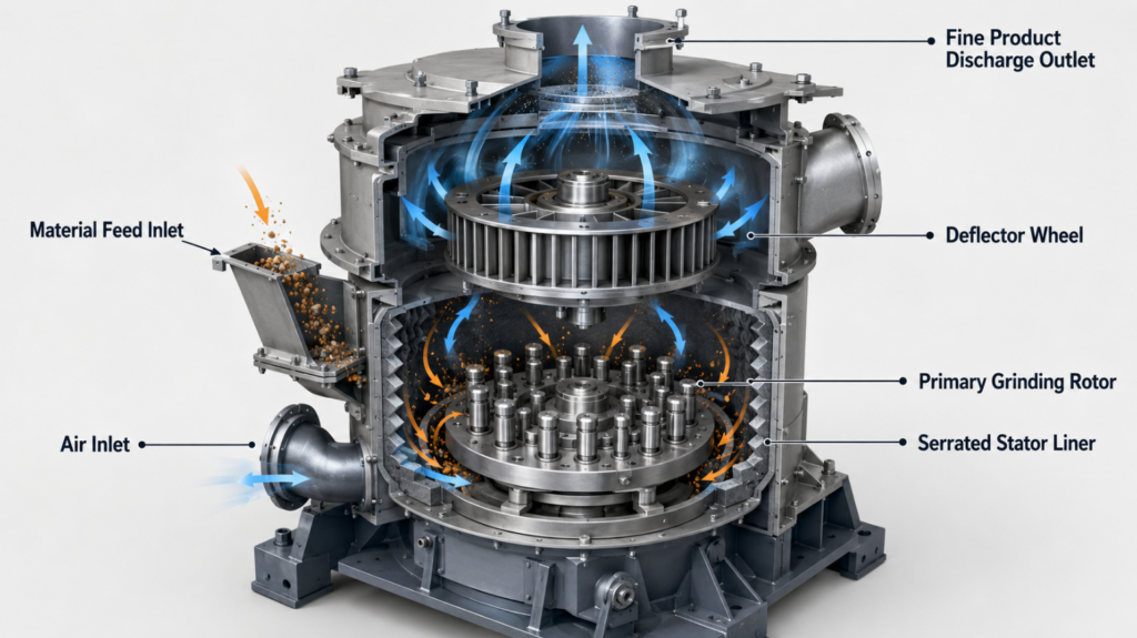 Insert an exploded-view CAD rendering of the mill. Clearly label the Material Feed Inlet, Primary Grinding Rotor, Serrated Stator Liner, Air Inlet, Deflector Wheel, and Fine Product Discharge Outlet.