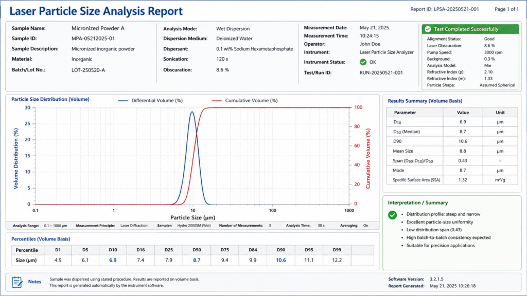 Screenshot Of The Laser Particle Size Analyzer Test Report (Psd Curve), Showing A "Steep And Extremely Narrow Particle Size Distribution."