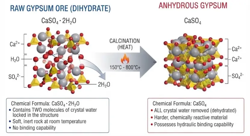 What is the chemical sturcture difference for raw gypsum and calcined gypsum production