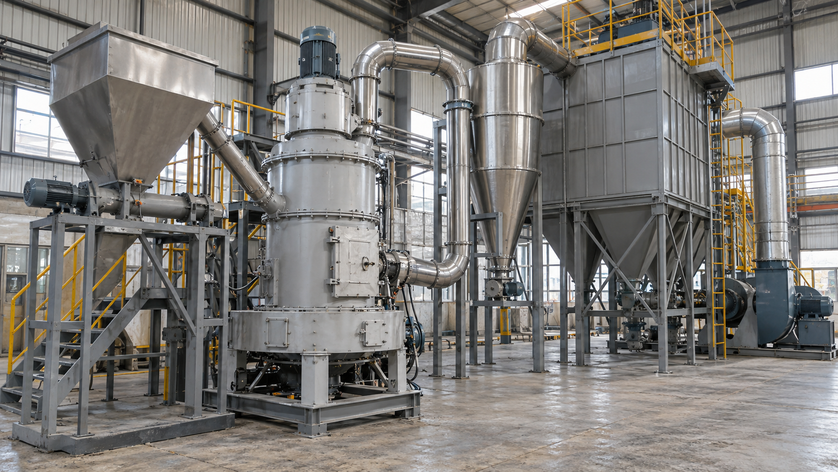 Integrated air classifier mill system with cyclone separator and bag filter Integrated air classifier mill system with cyclone separator and bag filter