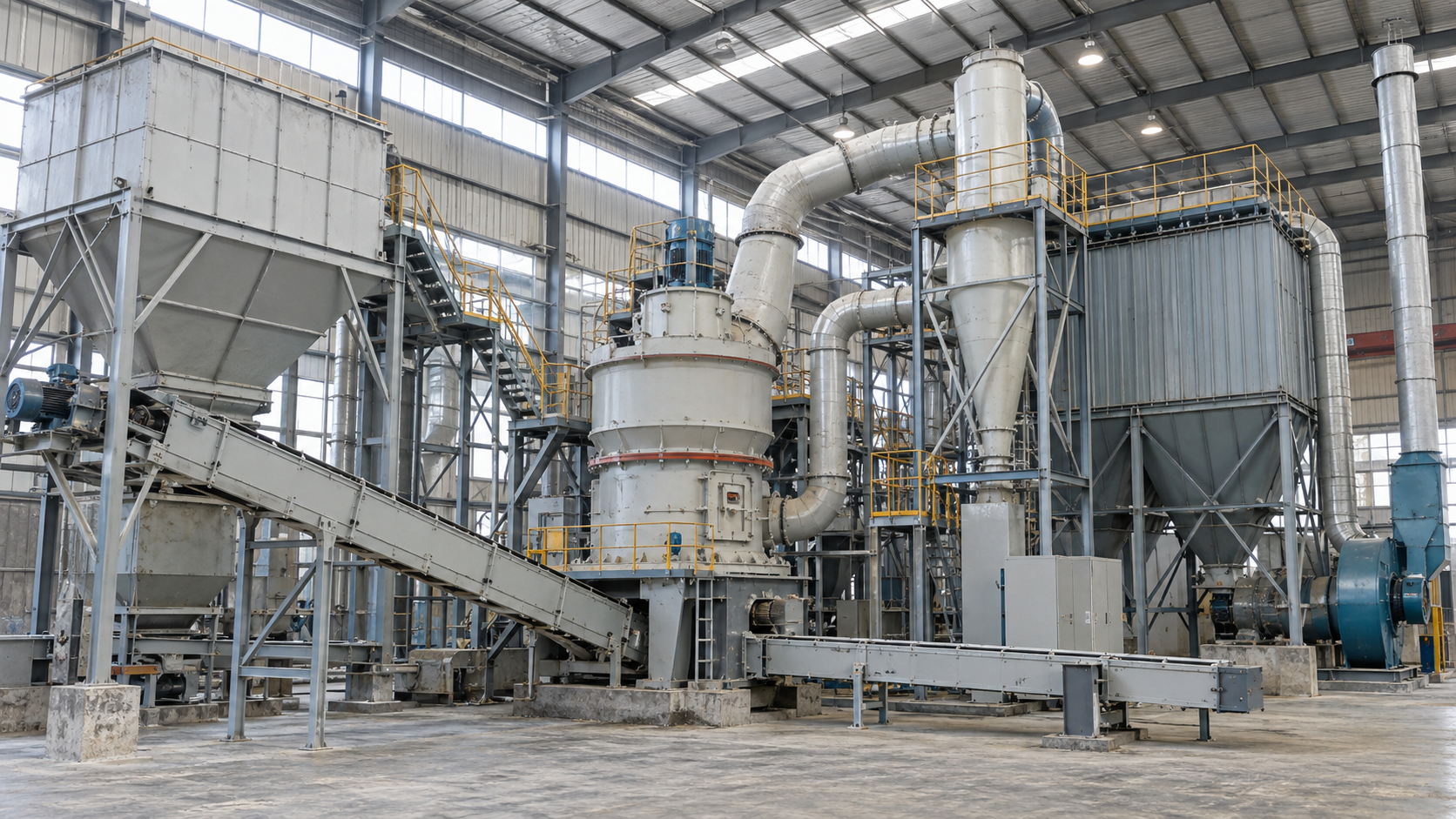 Industrial barite grinding and powder processing line with a roller mill, air classifier, cyclone separator, baghouse dust collector, and conveyors. Industrial barite grinding and powder processing line with a roller mill, air classifier, cyclone separator, baghouse dust collector, and conveyors.