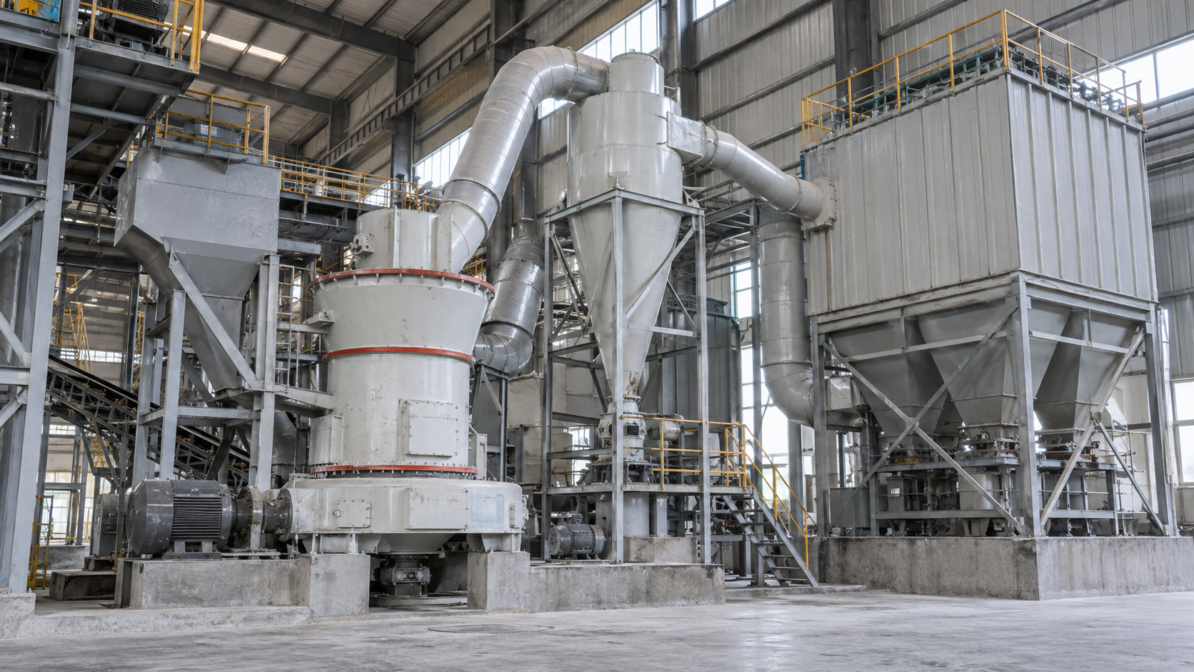 Industrial barite grinding and classification system with a mill, cyclone separator, ducts, and baghouse collector. Industrial barite grinding and classification system with a mill, cyclone separator, ducts, and baghouse collector.