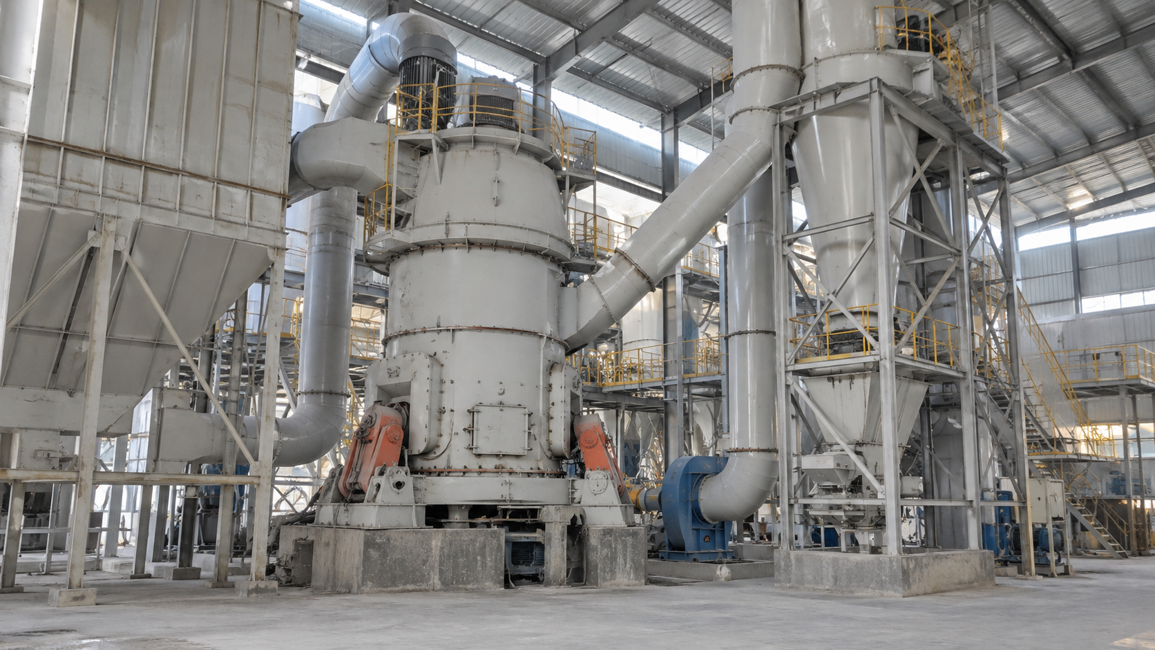 Vertical grinding mill with attached classifier and connected ducts