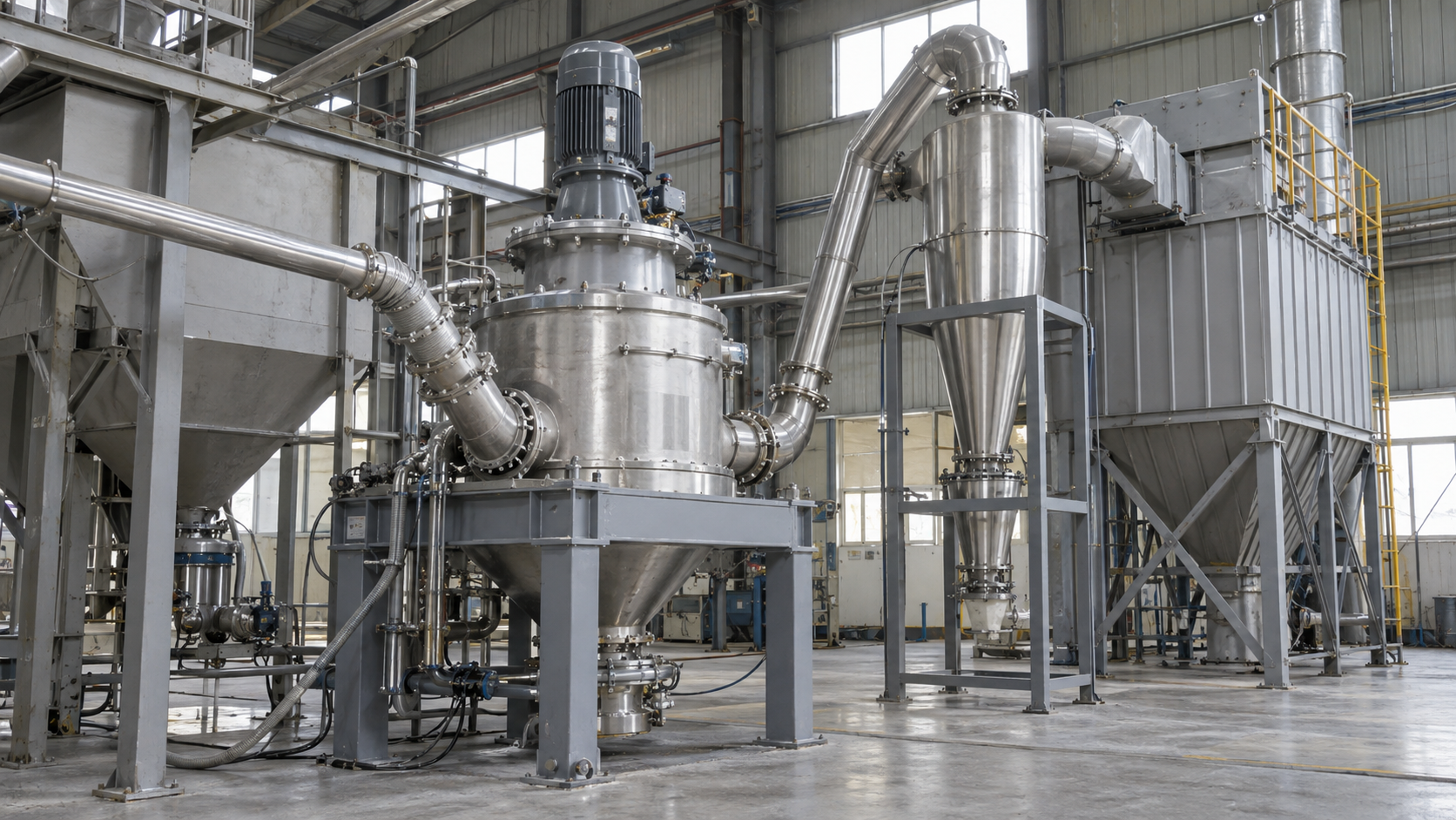 Stainless steel jet mill and powder collection equipment in a powder processing workshop.