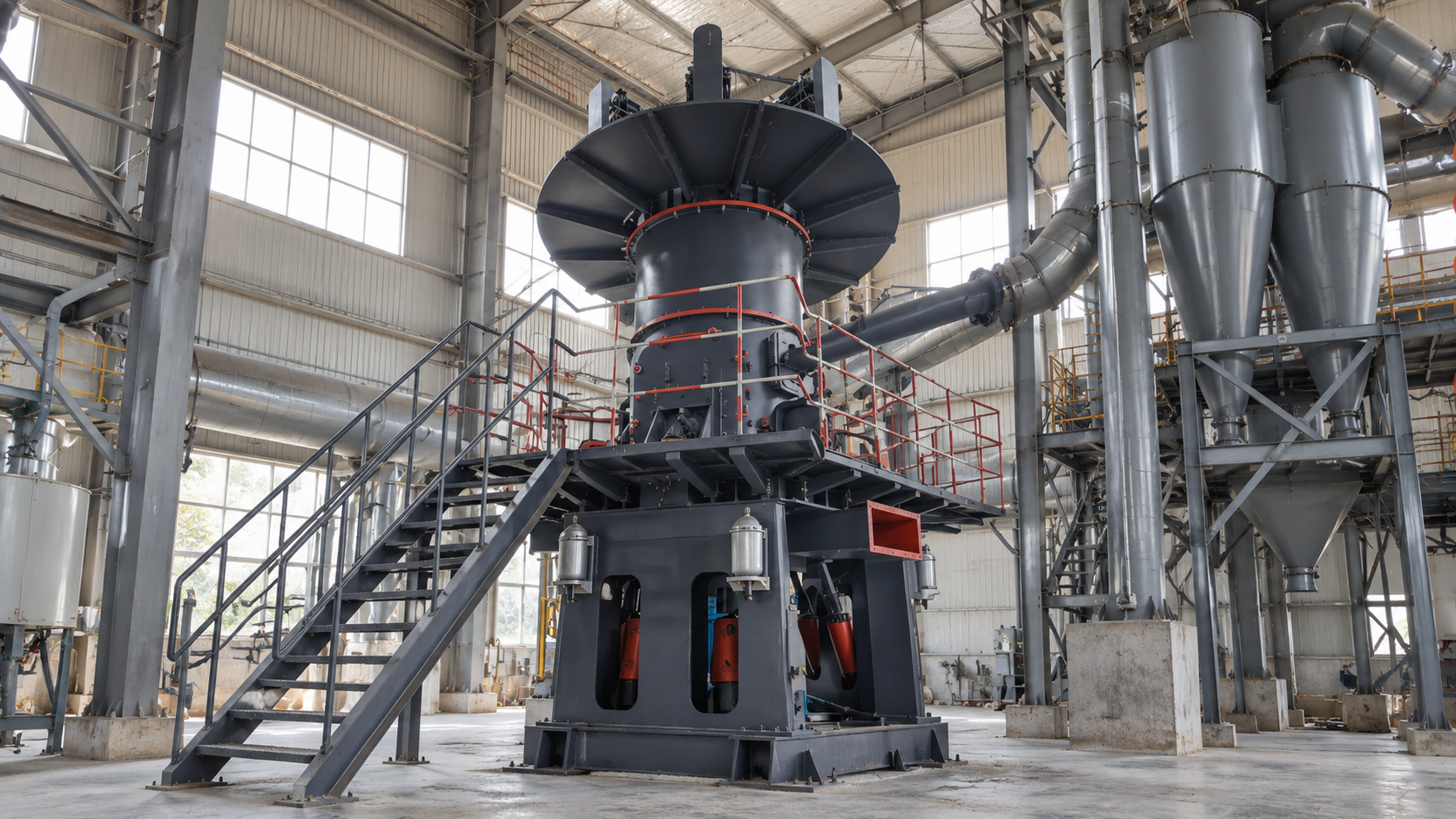Dark gray ultrafine vertical roller mill with a service platform, stairs and connected powder collection ducts in an industrial workshop.