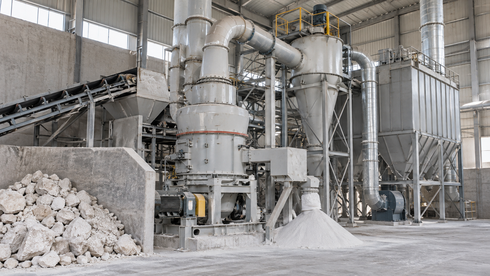 Unbranded limestone grinding line with stone feed, enclosed mill, air ducts, classifier and dust collector inside a plant.