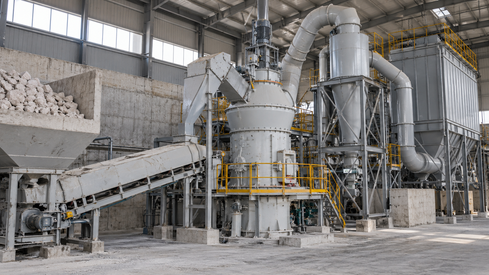 Dry limestone grinding line with enclosed mill, classifier, cyclone and bag filter Dry limestone grinding line with enclosed mill, classifier, cyclone and bag filter