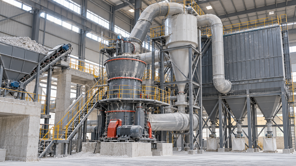 Limestone Grinding Mill Production Line with Conveyor, Cyclone Separator, and Industrial Dust Collection System Limestone Grinding Mill Production Line with Conveyor, Cyclone Separator, and Industrial Dust Collection System